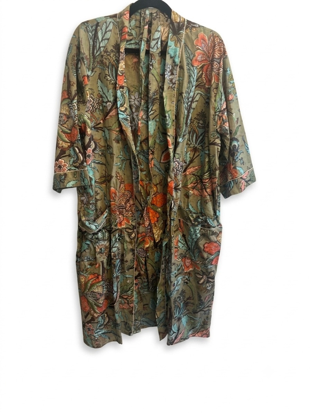 Floral Olive Green Satin Kimono Robe - Women's Intimates